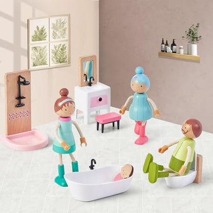 36pcs Wooden Dollhouse Furniture Set with Dolls for 5 Rooms, Wood & Plastic Pink Dollhouse Accessories Pretend Play Furniture Toy Christmas Birthday Gift Toy for Kids Boys Girls Toddler 3+