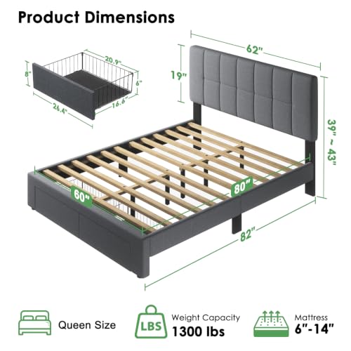 Queen Bed Frame with 2 Storage Drawers & Upholstered Adjustable Headboard, view 4