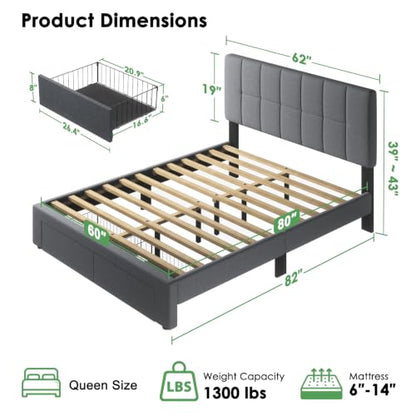 Queen Bed Frame with 2 Storage Drawers & Upholstered Adjustable Headboard, view 4