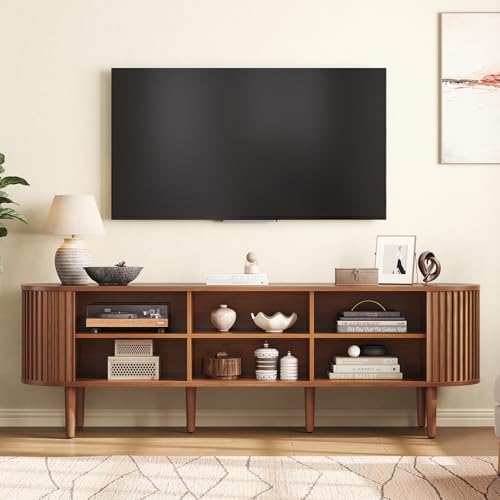 70" TV Stand with Power Outlet & Wood Leg for TVs up to 79", Walnut, view 4