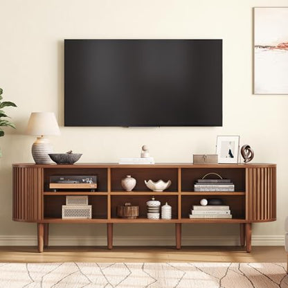 70" TV Stand with Power Outlet & Wood Leg for TVs up to 79", Walnut, view 4