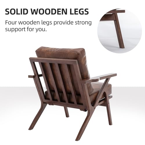 Mid-Century Modern Accent Chair with Wood Frame, PU Leather Living Room Chair and Soft Thick Padded Armchair for Living Room Bedroom Reception with Removable Upholstered Cushions, Reddish Brown
