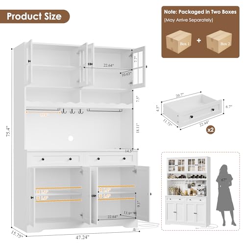 75"H Kitchen Pantry Storage Cabinet, Kitchen Hutch Cabinet, White, view 4