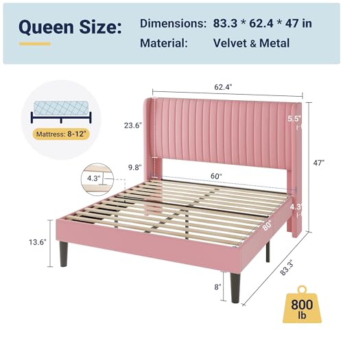 Queen Size Velvet Bed Frame/Vertical Channel Tufted Wingback, view 3
