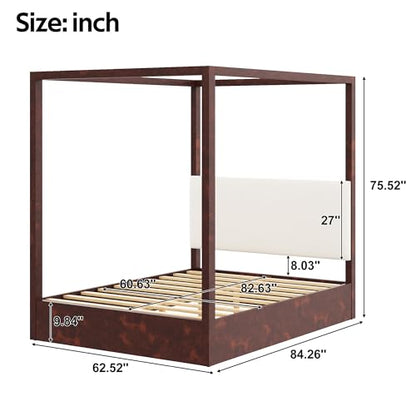 Queen Size Canopy Bed Frame with Upholstered Headboard, view 3