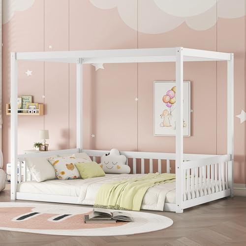 Full Size Canopy Bed Frame with Guardrails for Kids, view 2