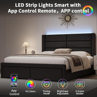 Modern Black Faux Leather Bed Frame with LED Lights, view 4