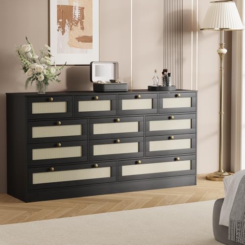 GAOMON Wooden Dressers for Bedroom with 12 Drawers, 61" Wide TV Stand Dresser for 65 inch TV, Rattan Chest of Drawers for Living Room, Hallway, Modern Wood Closet Dressers for Adult Room