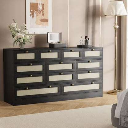 GAOMON Wooden Dressers for Bedroom with 12 Drawers, 61" Wide TV Stand Dresser for 65 inch TV, Rattan Chest of Drawers for Living Room, Hallway, Modern Wood Closet Dressers for Adult Room