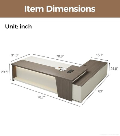 79" L-Shaped Executive Desk with Drawers, Large Modern Office Desk with Storage Shelves, LED Lighting, Built-in Outlet & USB Ports – Home Office Desk (Smoked Oak & Cream White, Left Return)