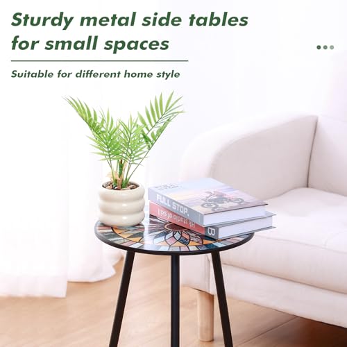 1 Pack Metal Mosaic Round Side Table Small 13.4" End Patio Round Accent Table Garden Corner Stand for Small Spaces Weather-Resistant for Balcony Plant Stand Indoor Outdoor