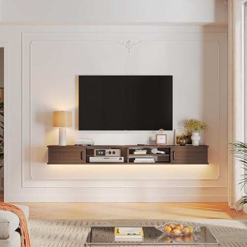 51'' Floating TV Stand with Doors & Open Cabinets,Walnut, view 4