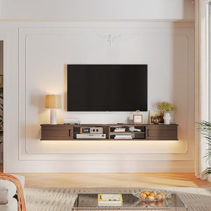 51'' Floating TV Stand with Doors & Open Cabinets,Walnut, view 4