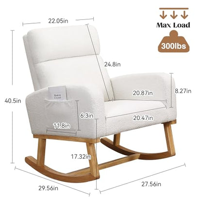 Rocking Chair Nursery, Sherpa Nursing Rocking Armchair for Mom Nursery Morden Rocker Chair with High Backrest for Living Room,Bedroom,Teddy White