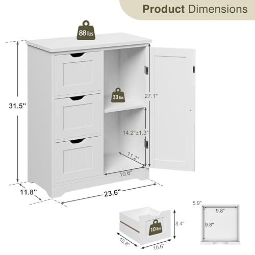 Bathroom Storage Cabinet with 3 Drawers and 1 Door, Entryway Home Decor Furniture Towels Storage Organizer Unit, White
