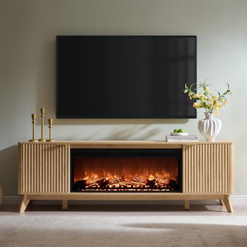 70" Fluted Fireplace TV Stand with 36" Electric Fireplace, Natural Oak, view 4