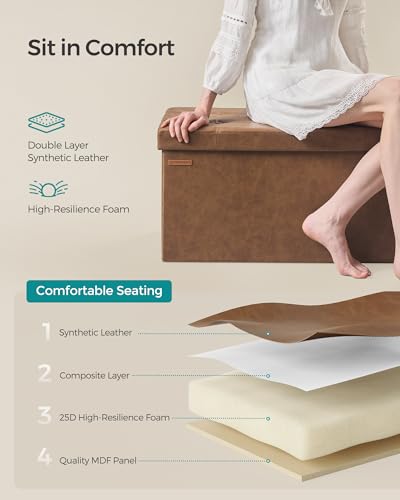 SONGMICS Mazie Collection - 30 Inches Folding Storage Ottoman Bench, Ottoman with Storage, Foot Rest Stool, Load 660 lb, for Living Room, Synthetic Leather, Coffee Brown ULSF040K11