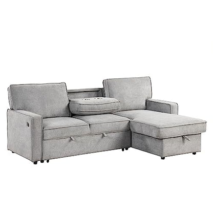 LUMISOL 89" Convertible Sleeper Sofa Bed, Modern L-Shaped Sectional Sofa Pull Out Couch with Chaise, Upholstered Sofa Bed with Cup Holder, USB Ports for Living Room, Small Apartment, Gray