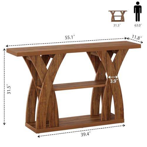 55 inch Farmhouse Entryway Table, Console Table with 3-Tier Storage, Rustic Striped Brown X-Shaped Narrow Entry Table for Behind Couch, Living Room, Hallway, Foyer
