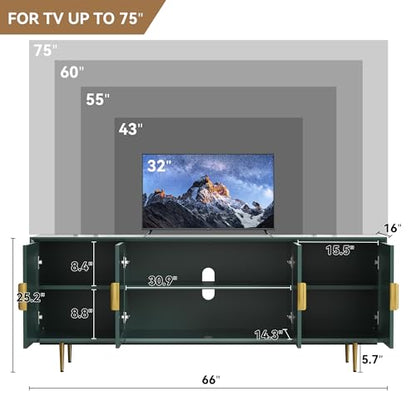 TV Stand with Storage, 66" Modern TV Entertainment Center for TVs up to 75 Inch, Under TV Cabinet with Glass Door, TV Console Media Center for Living Room, Bedroom Green