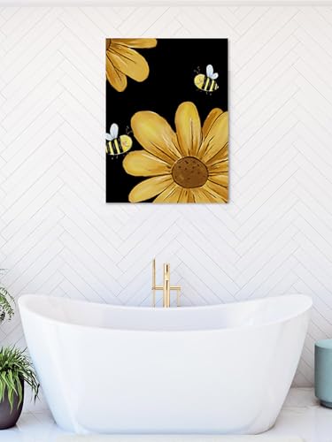 NuYeBiofx Yellow Daisy Flower Bee on Black Canvas Wall Art Prints,48"x32" Framed Picture Artwork Rustic Farmhouse Floral Printed Canvas Oil Painting for Living Room Bedroom Office,Ready to Hang