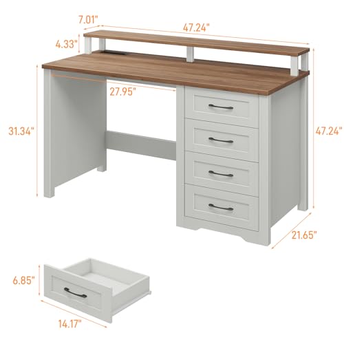 47" Farmhouse Executive Desk with Monitor Stand and LED Lights,4 Drawers Computer Desk with Power Outlets,Large Workspace for Work Study Writing.Unique White