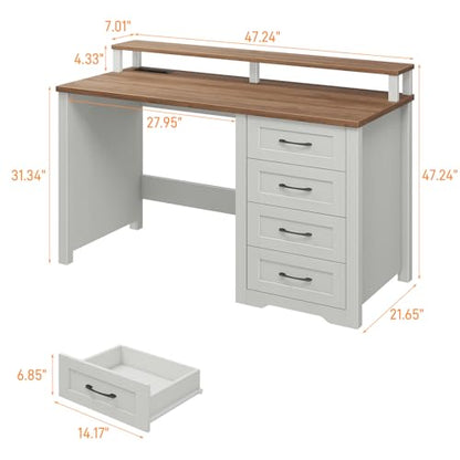 47" Farmhouse Executive Desk with Monitor Stand and LED Lights,4 Drawers Computer Desk with Power Outlets,Large Workspace for Work Study Writing.Unique White