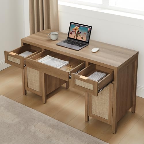 52" Rattan Home Office Desk with 3 Drawers: Boho Executive Desk with 2 Storage Cabinets, Large Computer Writing Table for Study, Office, Living Room
