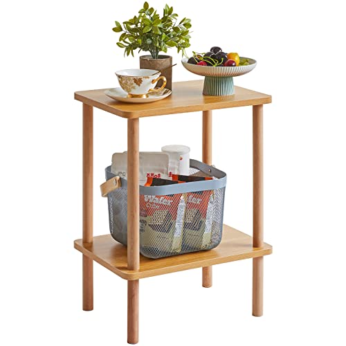2-Tier Side Table, Solid Wood Tall End Table with Storage Shelves, Nightstand Bedside Table for Living Room Bedroom Office, No-Tool Assembly, Natural UWST002N