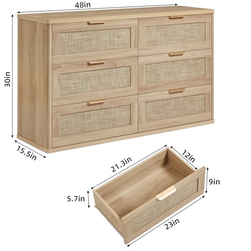Rattan 6 Drawer Dresser for Bedroom, Boho 48" Wide Natural Wood Dresser Chest of Drawers, Dressers TV Stand with Metal Handle, Storage Dressers Closet Organizer for Living Room, Hallway