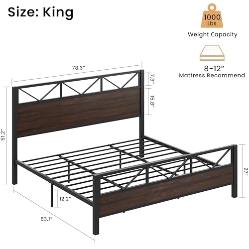 King Bed Frame, Dark Brown Industrial Headboard, view 3