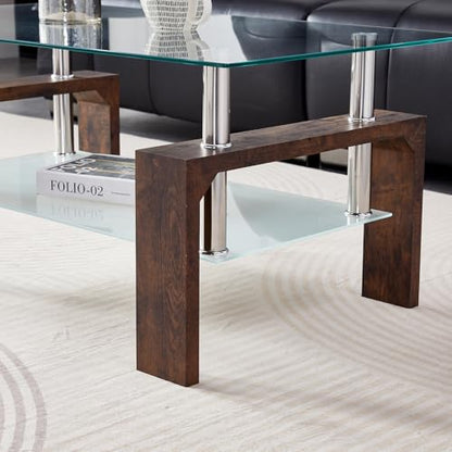 Coffee Table - Rectangle Glass Coffee Table with Simple and Classical Inspired Design, Easy Assembly for Modern Living, 39.5 * 23.5 * 17.5 inches (Brown)