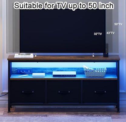 39" TV Stand for TVs up to 50", Media Console with Charging Station & LED Lights, 2 Drawer Storage Chest, Gaming Entertainment Center with Storage for Living Room, Brown, Medium