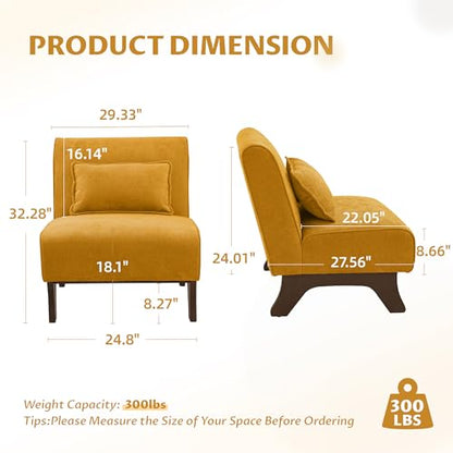 Armless Accent Chairs Set of 2,Modern Comfy Upholstered Living Room Chairs with Wooden Legs& Pillows,Lounge Sofa Side Chair for Bedroom Farmhouse Reading (2PCS, Yellow)