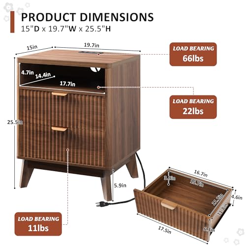 Fluted Nightstand with Charging Station, 19.7 inch Wide End Table with 2 Drawers, Modern Wood Bedside Table for Bedroom,Brown,1 Pcs