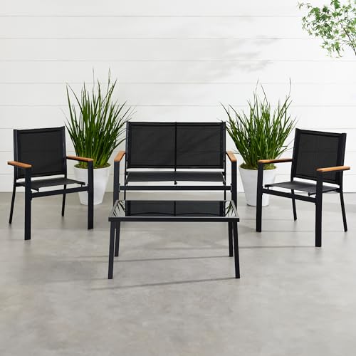 Best Choice Products 4-Piece Outdoor Textilene Patio Conversation Set, Backyard Furniture w/Loveseat, Coffee Table, Steel Frame - Black/Black
