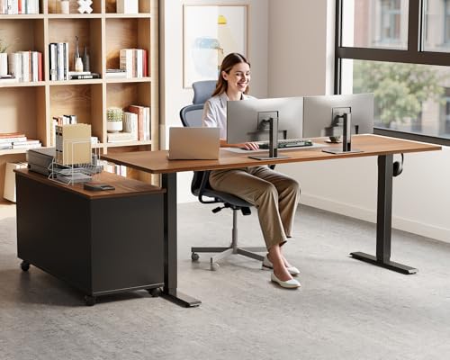 55" L Shaped Electric Standing Desk with Cabinet Sets, Walnut/Black, view 3