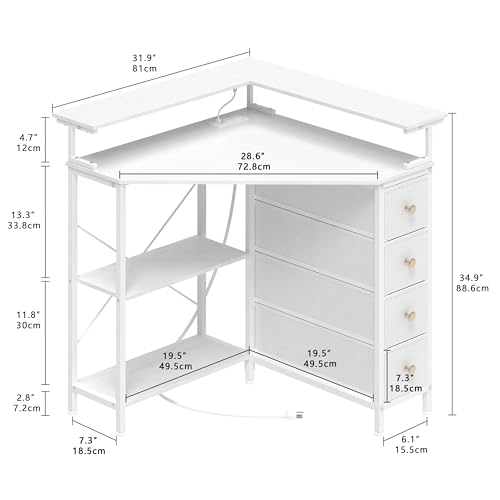 Corner Desk with Drawers Shelves for Small Space 90 Degrees Triangle Computer Desk with Power Outlets,Gaming Desk with LED Lights Monitor Stand for Home Office Workstation Writing Table (White)