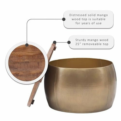 Large Drum Accent Table, 27.5 in, Mango Wood & Hammered Brass Finish, Hidden Storage, Modern Coffee Table or Ottoman, Handcrafted Decorative Furniture for Living Room or Bedroom