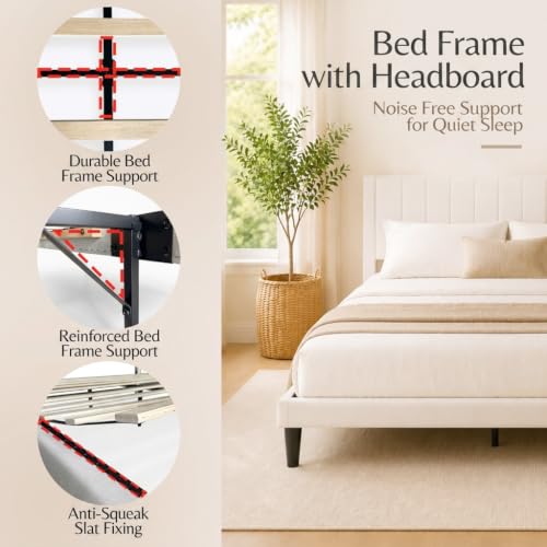 Queen Modern Upholstered Platform Bed Frame with Headboard, Beige, view 4