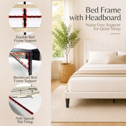 Queen Modern Upholstered Platform Bed Frame with Headboard, Beige, view 4