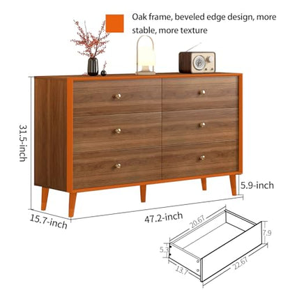 Mid Century Modern 6-Drawer Dresser, 47.2" Solid Wood Frame Chest, Walnut, view 3