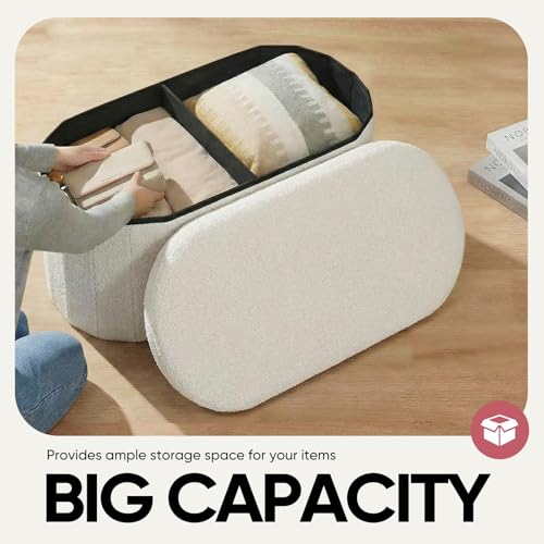 30 Inches Oval Ottoman with Storage, Boucle Sherpa Storage Ottoman Bench, Folding Foot Rest Chest for Bedroom Living Room