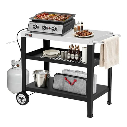 PC3404S Rolling Dining Table with Trash Bag Holder, Outdoor Garden Patio BBQ Kitchen Food Prep Table Cart, 34"L x 20"W Stainless Steel Tabletop, Silver & Black