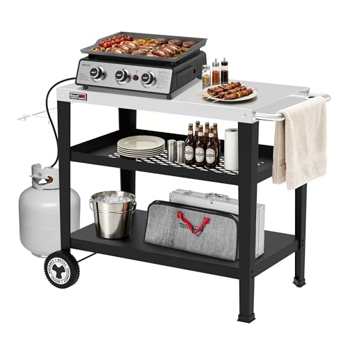 PC3404S Rolling Dining Table with Trash Bag Holder, Outdoor Garden Patio BBQ Kitchen Food Prep Table Cart, 34"L x 20"W Stainless Steel Tabletop, Silver & Black