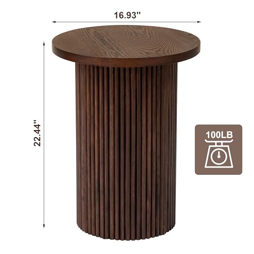Walnut Pedestal Side Table 16.93'' Dia, Mid Century Modern Farmhouse Accent End Table, Fluted Base Design, Fully Assembled, for The Living Room and Bedroom, 22.44" Tall