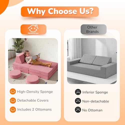 Kids Couch for Playroom, Corduroy Convertible Toddler Couch, 8 Piece Modular Play Sofa, Foam Fort Building Set for Child Room Furniture, Pink