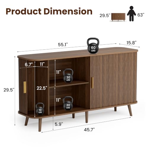 55" Sideboard Buffet Cabinet with Storage & Sliding Door, Walnut, view 3