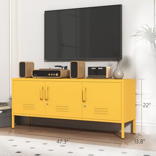 Yellow 3-Door Lockable Metal TV Stand Storage Cabinet with Storage Locker, view 4