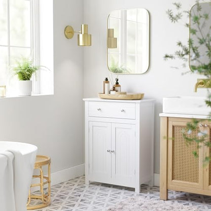 SONGMICS VASAGLE Free Standing Bathroom Cabinet with Drawer and Adjustable Shelf, Kitchen Cupboard, Wooden Entryway Storage Cabinet White, 23.6" L x 11.8" W x 31.5" H, UBBC61WT
